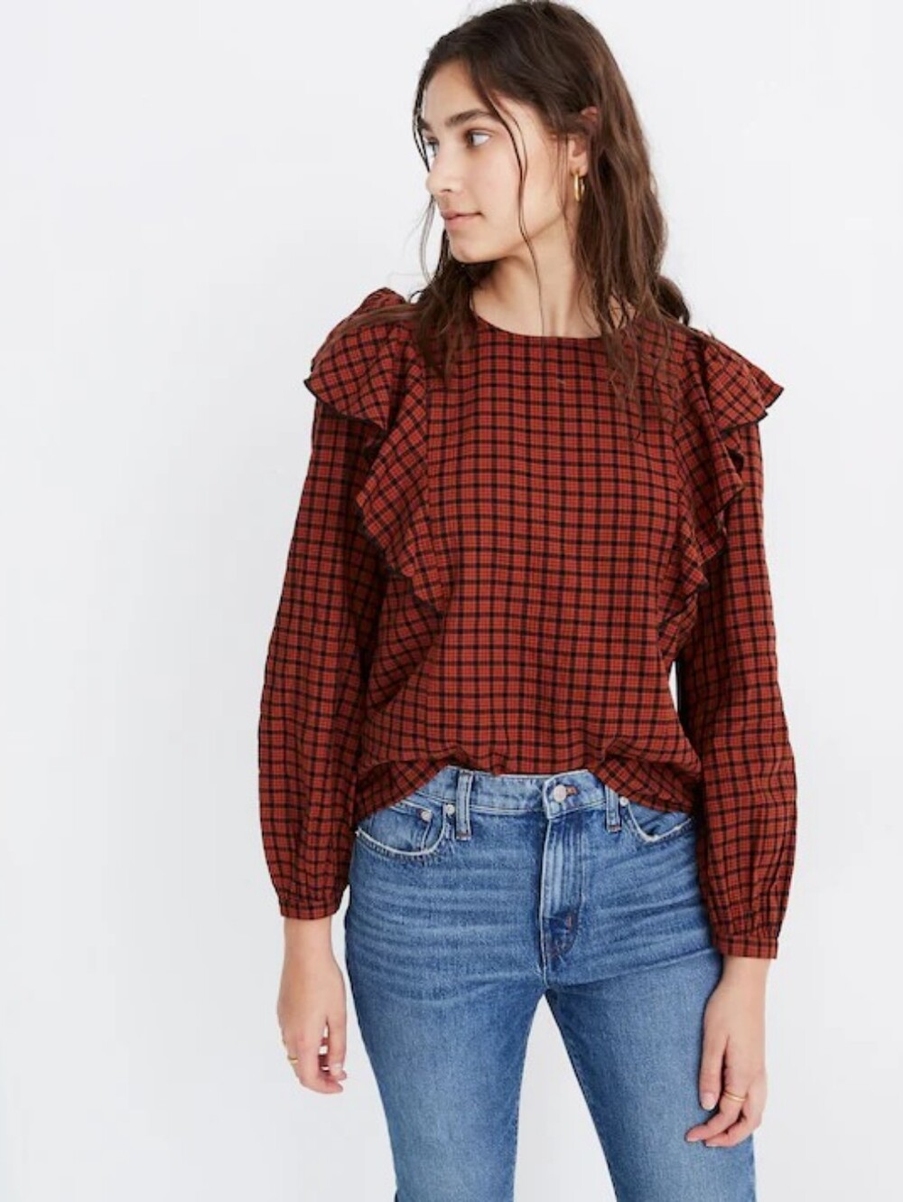 Madewell Women's Faded Rust Ruffle-Front Plaid Top - Size M